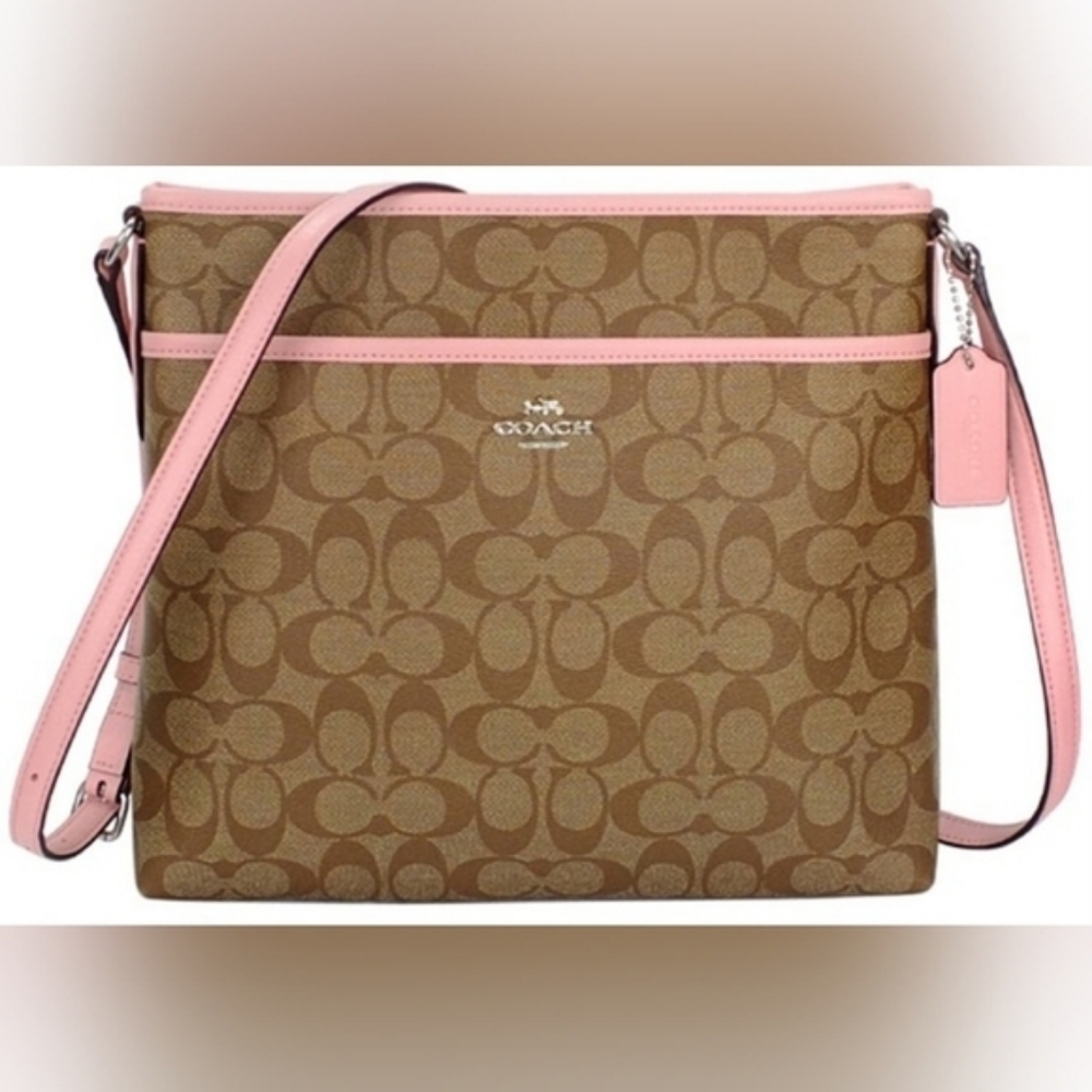 Coach Signature Monogram Tan Pink Crossbody File Bag Purse